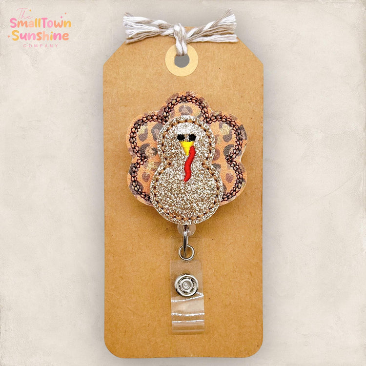 Rust Leopard Turkey Badge Reel, Thanksgiving Badge Reel, Nurse Badge Clip, Teacher Lanyard, Coworker Gift, Retractable ID Holder | GLITTER