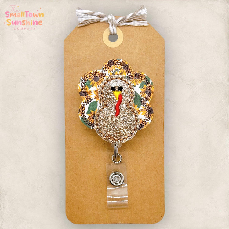 Sunflower Turkey Badge Reel, Thanksgiving Badge Reel, Nurse Badge Clip, Teacher Lanyard, Coworker Gift, Retractable ID Holder | GLITTER