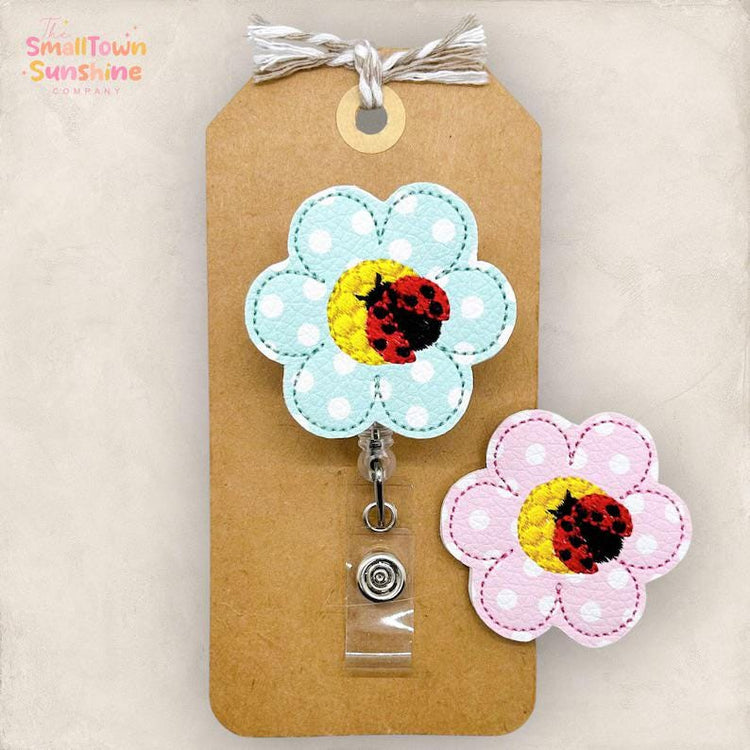 Polka Dot Daisy Badge Reel, Flower with Ladybug Badge, Nurse Badge Clip, Teacher Lanyard, Coworker Gift, Name Tag, Retractable ID Holder