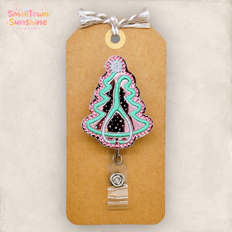 Pink Stethoscope Tree Badge Reel, Christmas Badge Reel, Nurse Badge Clip, Medical Lanyard, Coworker Gift, Name Tag, Retractable ID Holder