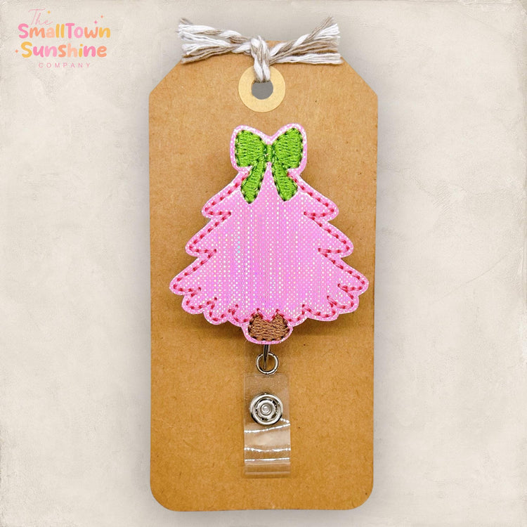 Christmas Tree Badge Reel, Pink Tree with Bow Badge Reel, Nurse Badge Clip, Teacher Lanyard, Coworker Gift, Name Tag, Retractable ID Holder
