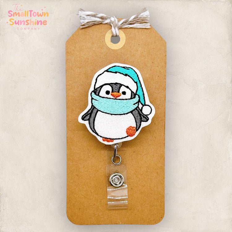 Teal Penguin Badge Reel, Winter Badge Reel, Nurse Badge Clip, Teacher Lanyard, Coworker Gift, Name Tag, Retractable ID Holder | GLITTER