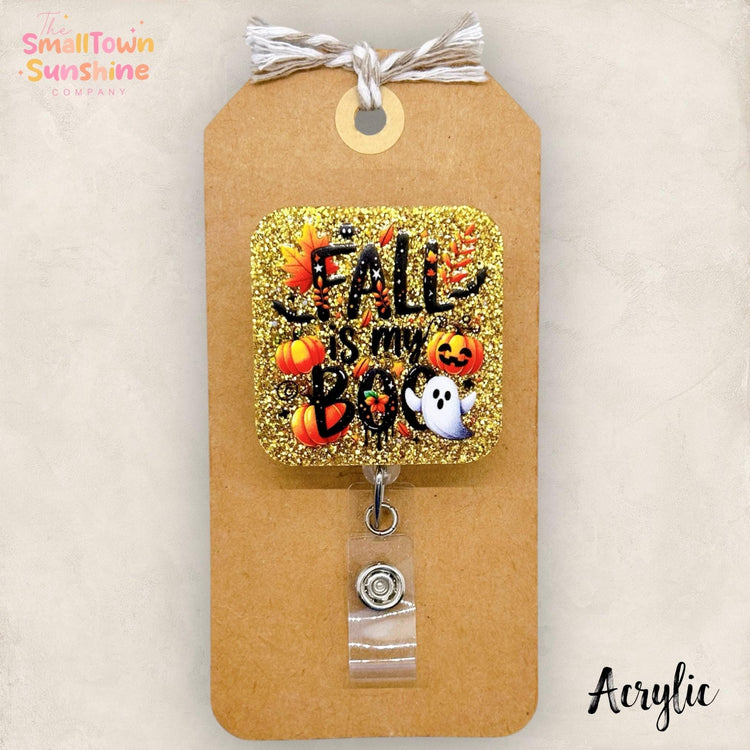 Fall is My Boo Badge Reel, Halloween Name Tag, Nurse Badge Clip, Teacher Lanyard, Coworker Gift, Retractable ID Holder | ACRYLIC GLITTER