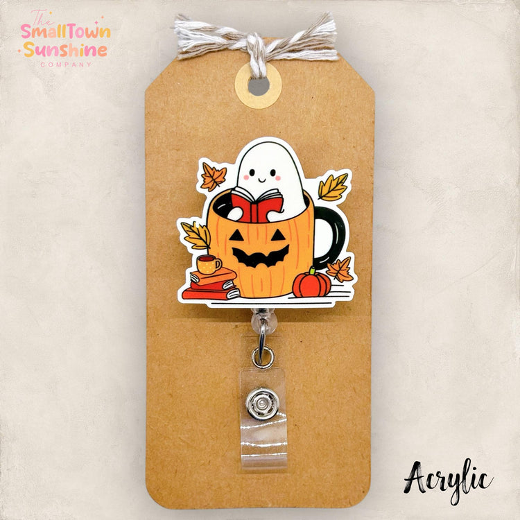 Bookish Pumpkin Ghost Badge Reel, Fall Badge Reel, Nurse Badge Clip, Teacher Lanyard, Coworker Gift, Retractable ID Badge Holder | ACRYLIC