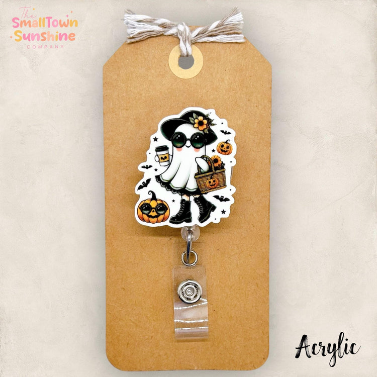 Sassy Sunnies Ghost Badge Reel, Halloween Badge Reel, Fall Nurse Badge Clip, Teacher Lanyard, Coworker Gift, Retractable ID Holder | ACRYLIC