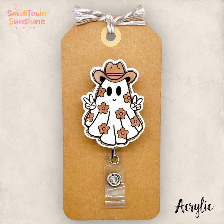 Floral Cowboy Ghost Badge Reel, Halloween Badge Reel, Fall Nurse Badge Clip, Teacher Lanyard, Coworker Gift, Retractable ID Holder | ACRYLIC