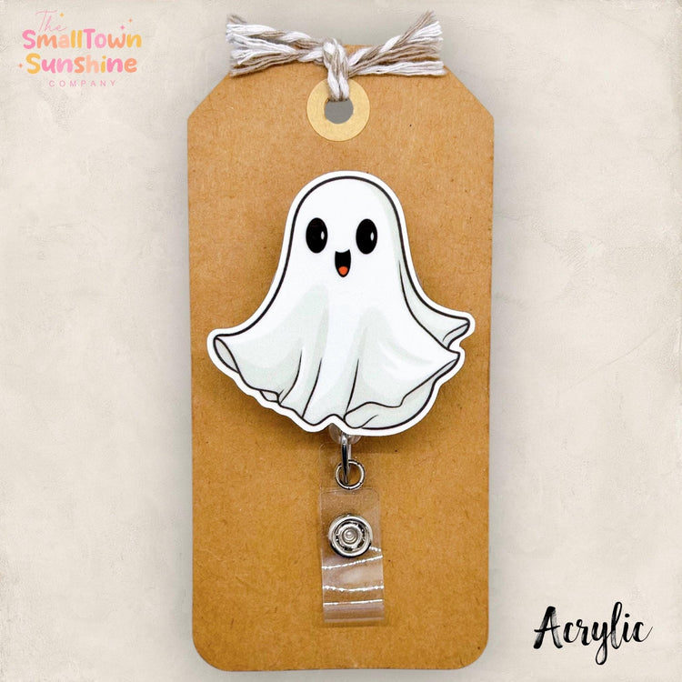 Cute Happy Ghost Badge Reel, Halloween Badge Reel, Fall Nurse Badge Clip, Teacher Lanyard, Coworker Gift, Retractable ID Holder | ACRYLIC