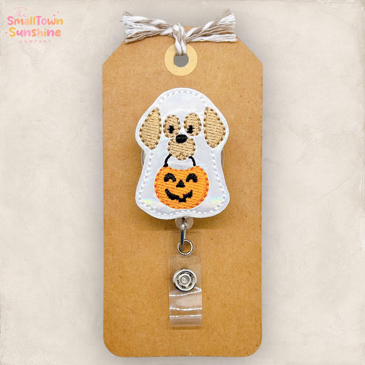Trick or Treat Dog Badge Reel, Halloween Ghost Badge, Nurse Badge Clip, Teacher Lanyard, Name Tag, Coworker Gift, Retractable ID Holder