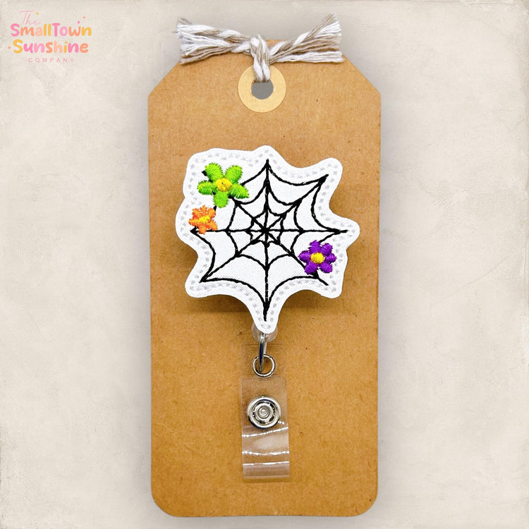 Spiderweb with Flowers Badge Reel, Halloween Badge Reel, Nurse Badge Clip, Teacher Lanyard, Coworker Gift, Name Tag, Retractable ID Holder