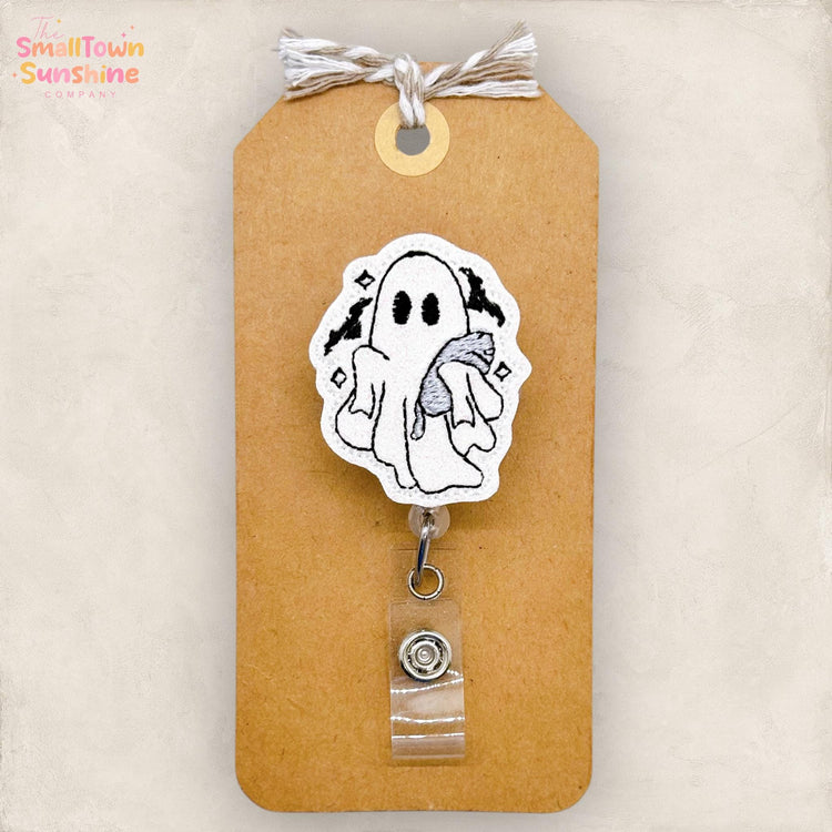Ghost with Cat Badge Reel, Halloween Badge Reel, Nurse Badge Clip, Teacher Lanyard, Coworker Gift, Name Tag, Retractable ID Holder | GLITTER