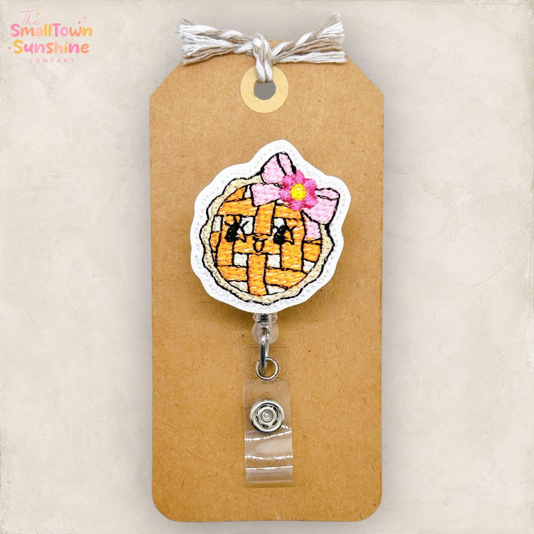 Pumpkin Pie with Bow Badge Reel, Thanksgiving Badge Reel, Nurse Badge Clip, Teacher Lanyard, Coworker Gift, Retractable ID Holder | GLITTER