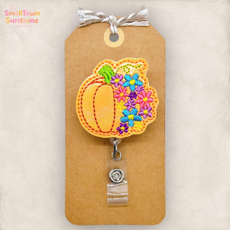 Pumpkin with Colorful Flowers Badge Reel, Fall Badge Reel, Autumn Nurse Badge Clip, Teacher Lanyard, Coworker Gift, Retractable ID Holder