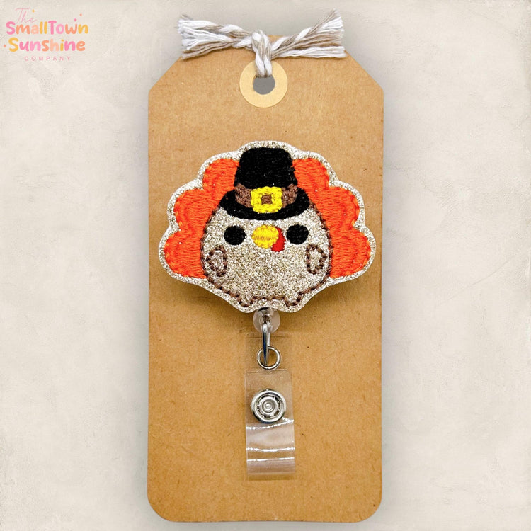 Pilgrim Turkey Badge Reel, Thanksgiving Badge, Nurse Badge Clip, Teacher Lanyard, Coworker Gift, Name Tag, Retractable ID Holder | GLITTER