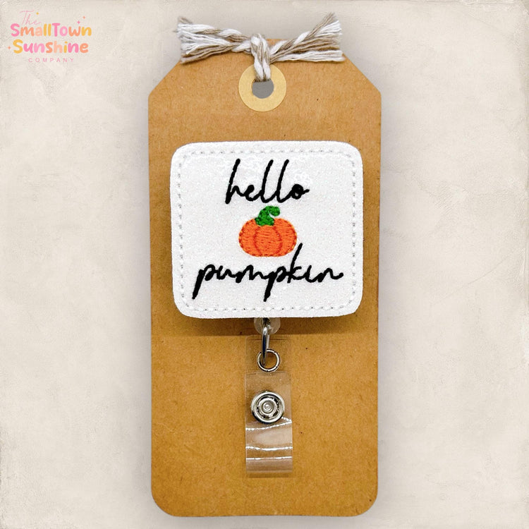 Hello Pumpkin Badge Reel, Cute Autumn Badge Reel, Nurse Badge Clip, Teacher Lanyard, Coworker Gift, Retractable ID Holder | GLITTER