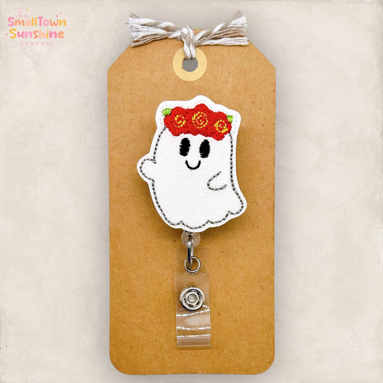 Flower Crown Ghost Badge Reel, Dia de los Muertos Badge, Nurse Badge Clip, Teacher Lanyard, Coworker Gift, Retractable ID Holder | GLITTER