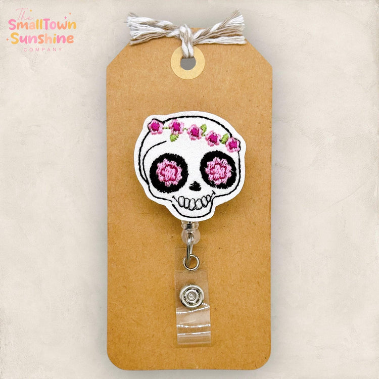 Skeleton with Flower Crown Badge Reel, Halloween Badge, Nurse Badge Clip, Teacher Lanyard, Coworker Gift, Retractable ID Holder | GLITTER