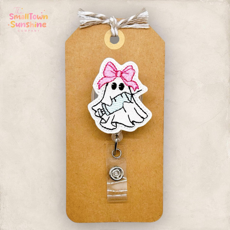 Bow Syringe Ghost Badge Reel, Halloween Name Tag, Nurse Badge Clip, School Nurse Lanyard, Coworker Gift, Retractable ID Holder | GLITTER