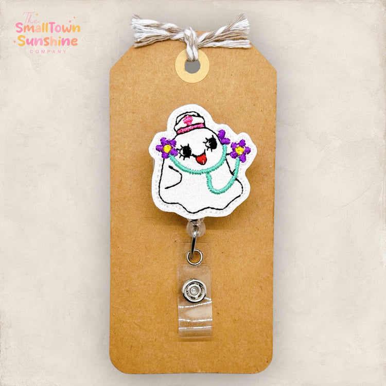 Stethoscope Ghost Badge Reel, Halloween Name Tag, Nurse Badge Clip, School Nurse Lanyard, Coworker Gift, Retractable ID Holder | GLITTER