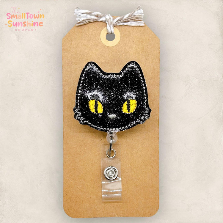 Halloween Black Cat Badge Reel, Nurse Badge Clip, Teacher Lanyard, Coworker Gift, Name Tag, Interchangeable, Retractable ID Holder | GLITTER