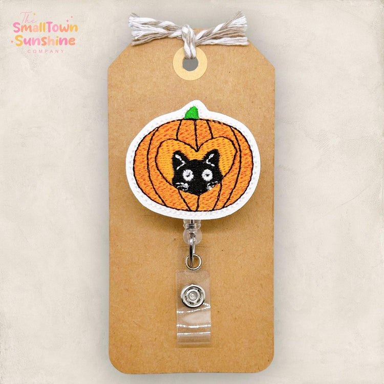 Black Cat Pumpkin Badge Reel, Halloween Nurse Badge Clip, Teacher Lanyard, Coworker Gift, Interchangeable, Retractable ID Holder | GLITTER