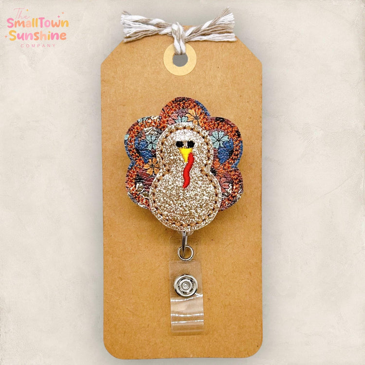 Rustic Floral Turkey Badge Reel, Thanksgiving Badge Reel, Nurse Badge Clip, Teacher Lanyard, Coworker Gift, Retractable ID Holder | GLITTER