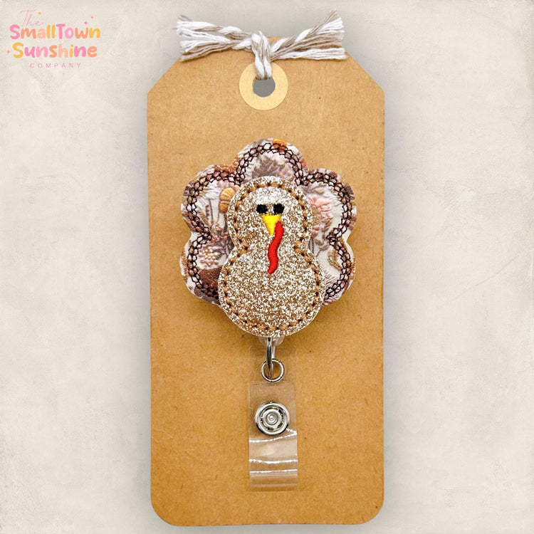 Brown Floral Turkey Badge Reel, Thanksgiving Badge Reel, Nurse Badge Clip, Teacher Lanyard, Coworker Gift, Retractable ID Holder | GLITTER