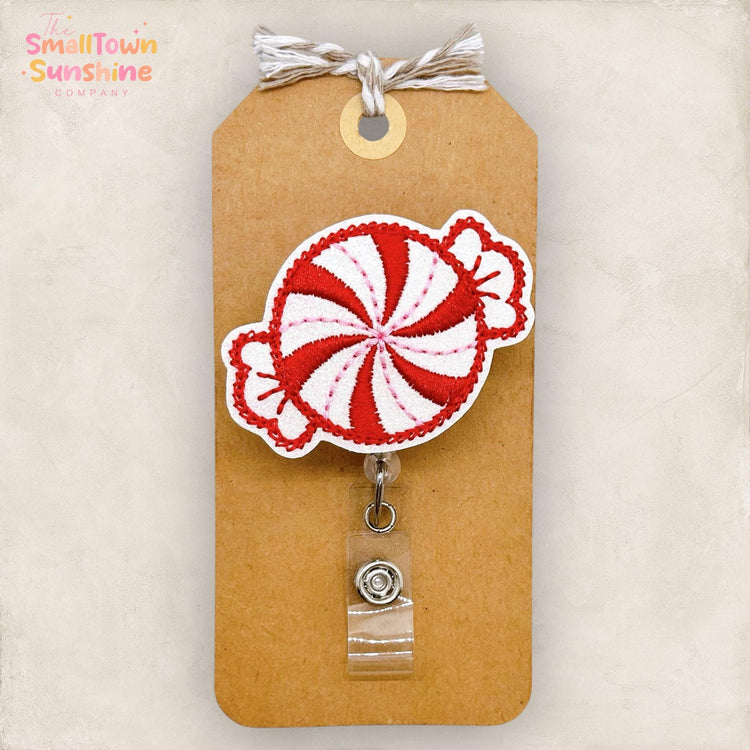Peppermint Candy Badge Reel, Christmas Badge, Nurse Badge Clip, Teacher Lanyard, Coworker Gift, Name Tag, Retractable ID Holder | GLITTER