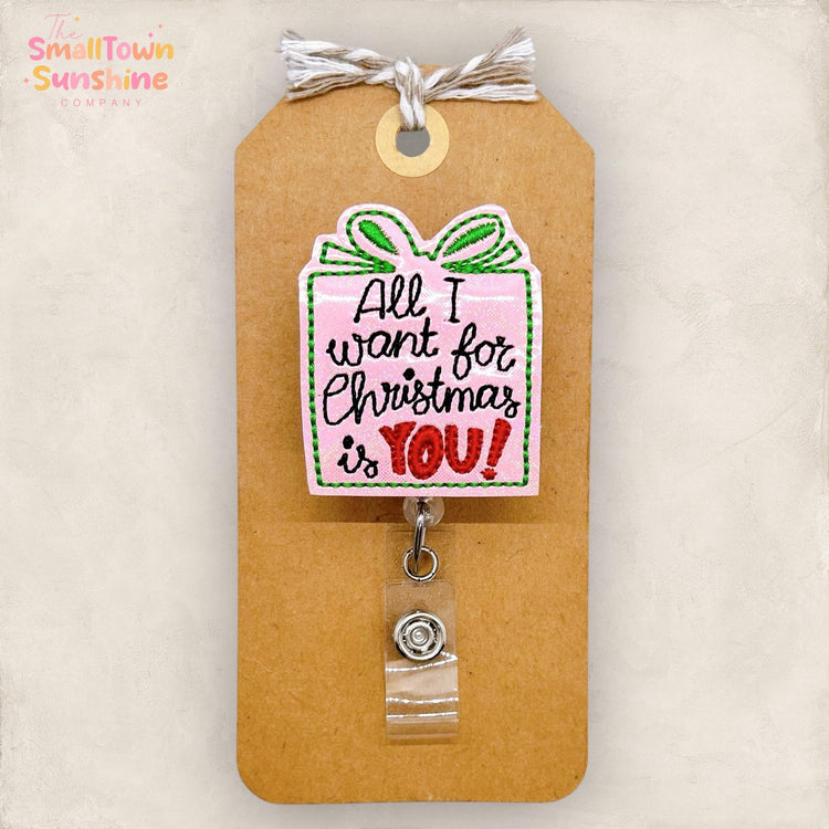 All I Want for Christmas Badge Reel, Pink Present Badge, Nurse Badge Clip, Teacher Lanyard, Coworker Gift, Name Tag, Retractable ID Holder