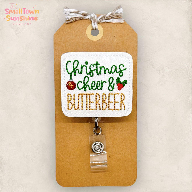 Christmas Cheer & Butterbeer Badge Reel, Wizard Name Tag, Nurse Badge Clip, Teacher Lanyard, Coworker Gift, Retractable ID Holder | GLITTER