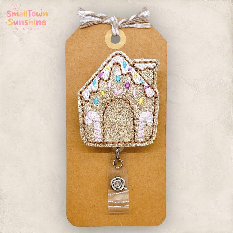 Gingerbread House Badge Reel, Christmas Badge, Nurse Badge Clip, Teacher Lanyard, Coworker Gift, Name Tag, Retractable ID Holder | GLITTER