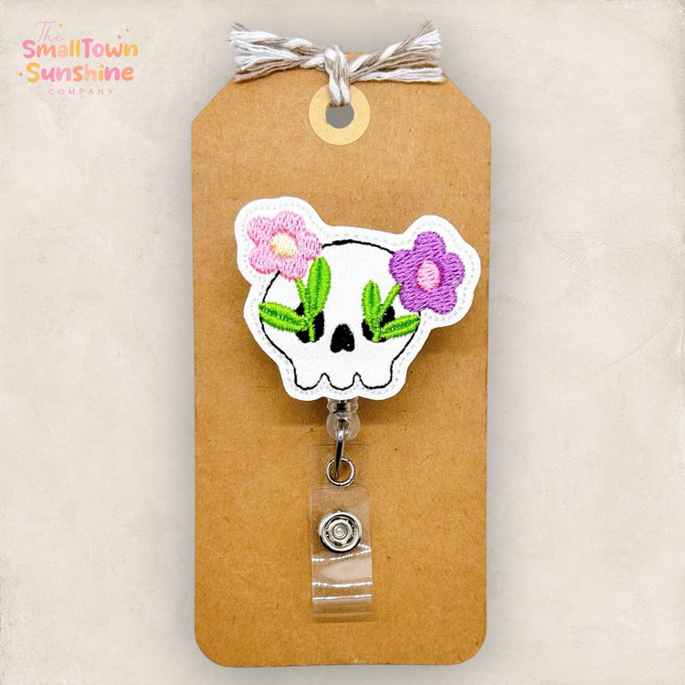 Flower Eyes Skull Badge Reel, Cute Halloween Name Tag, Nurse Badge Clip, Teacher Lanyard, Coworker Gift, Retractable ID Holder | GLITTER