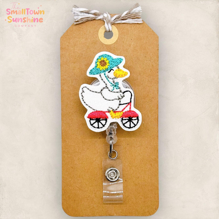 Bicycle Goose Badge Reel, Cute Bird Name Tag, Nurse Badge Clip, Teacher Lanyard, Coworker Gift, Badge Top, Retractable ID Holder | GLITTER