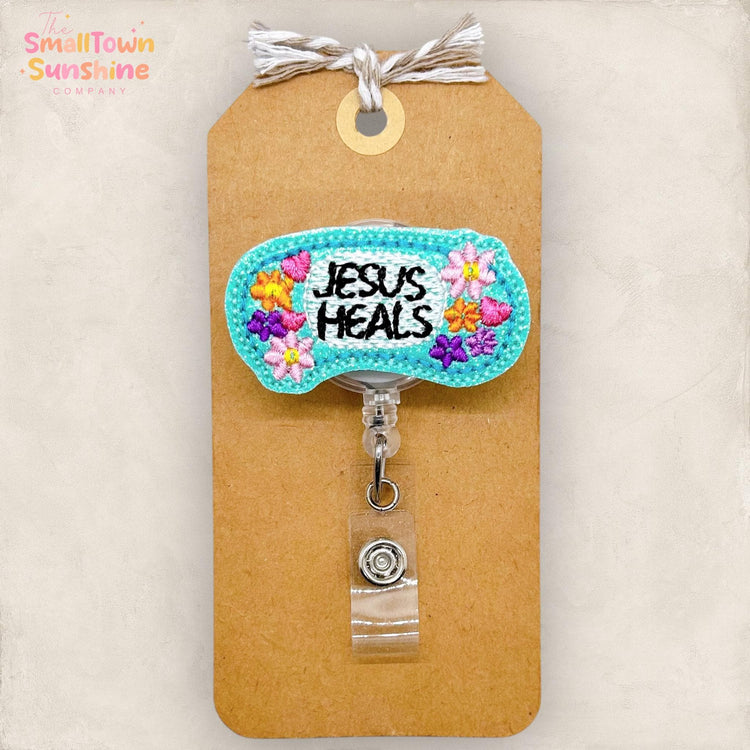 Jesus Heals Badge Reel, Adhesive Bandage Badge Reel, Nurse Badge Clip, School Nurse Lanyard, Coworker Gift, Retractable ID Holder | GLITTER