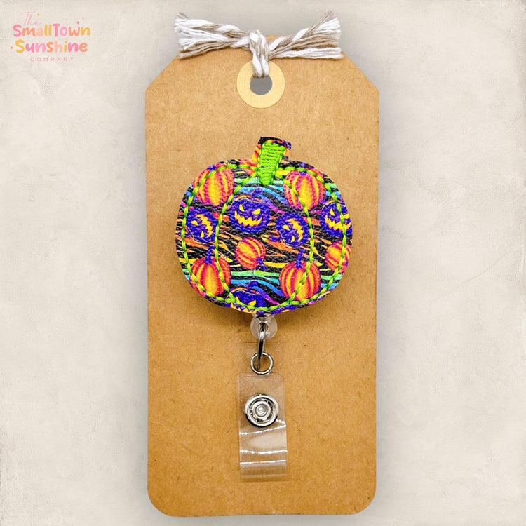 Neon Pumpkin Badge Reel, Halloween Badge Clip, Nurse Name Tag, Teacher Lanyard, Coworker Gift, Interchangeable, Retractable ID Holder