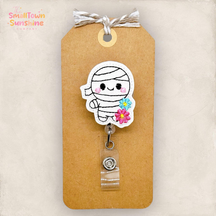 Floral Mummy Badge Reel, Halloween Name Tag, Nurse Badge Clip, Teacher Lanyard, Coworker Gift, Badge Buddy, Retractable ID Holder | GLITTER