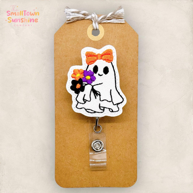 Ghost with Flowers Badge Reel, Halloween Name Tag, RN, Nurse Badge Clip, Teacher Lanyard, Coworker Gift, Retractable ID Holder | GLITTER