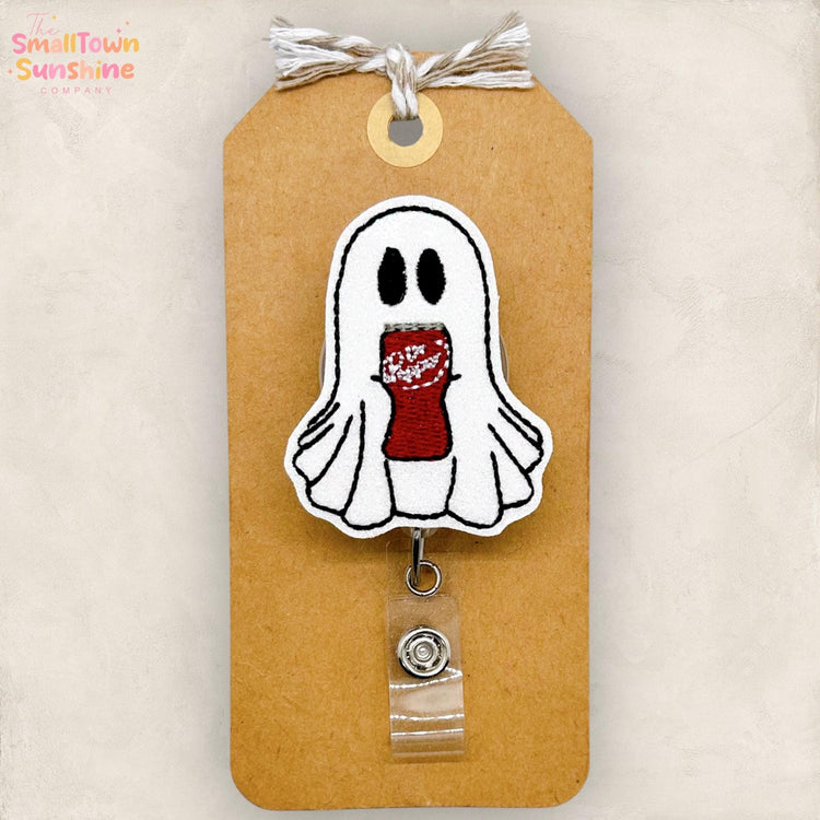 Ghost with Dr Soda Badge Reel, Halloween Name Tag, Nurse Badge Clip, Teacher Lanyard, Coworker Gift, Retractable ID Holder | GLITTER