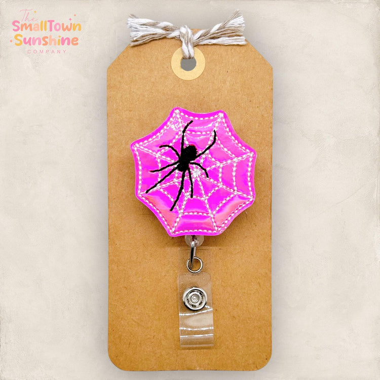 Pink Holographic Spiderweb Badge Reel, Halloween Spider, Nurse Badge Clip, Teacher Lanyard, Coworker Gift, Name Tag, Retractable ID Holder