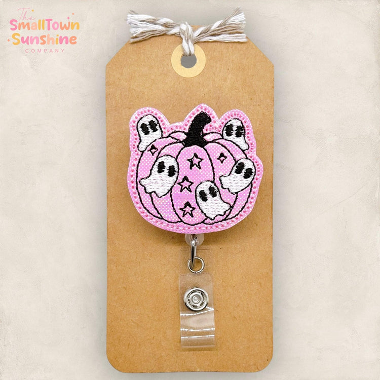 Flying Ghost Pumpkin Badge Reel, Pink Halloween Name Tag, RN, Nurse Badge Clip, Teacher Lanyard, Coworker Gift, Retractable ID Holder
