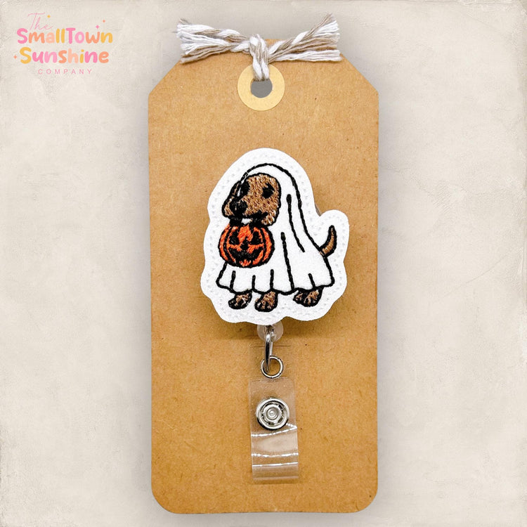 Ghost Dachshund Badge Reel, Halloween Dog, Nurse Badge Clip, Teacher Lanyard, Coworker Gift, Name Tag, Retractable ID Holder | GLITTER