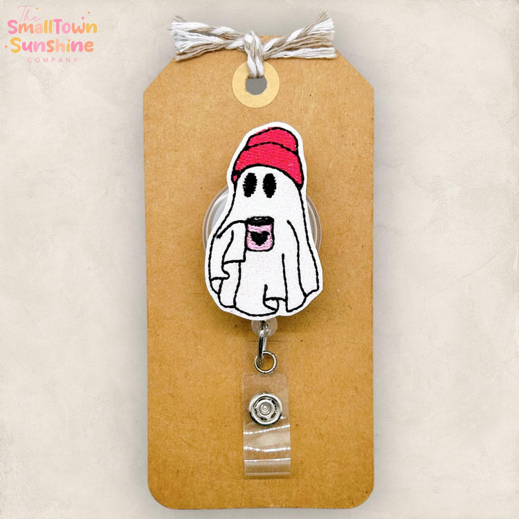 Coffee Ghost Badge Reel, Halloween Badge Clip, Nurse Badge Reel, Teacher Lanyard, Coworker Gift, Retractable ID Badge Holder | GLITTER