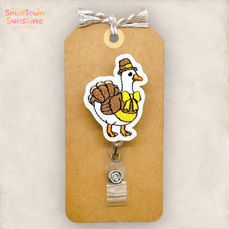Pilgrim Goose Turkey Badge Reel, Nurse Badge Clip, Teacher Lanyard, Coworker Gift, Thanksgiving Topper, Retractable ID Holder | GLITTER