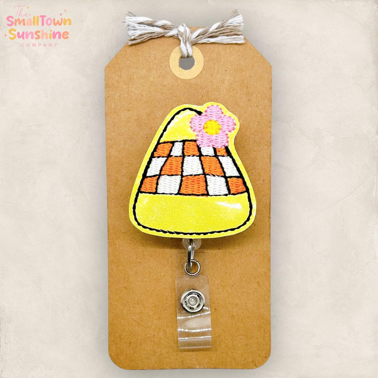 Retro Candy Corn Badge Reel, Halloween Name Tag, Nurse Badge Clip, Teacher Lanyard, Coworker Gift, Badge Topper, Retractable ID Holder