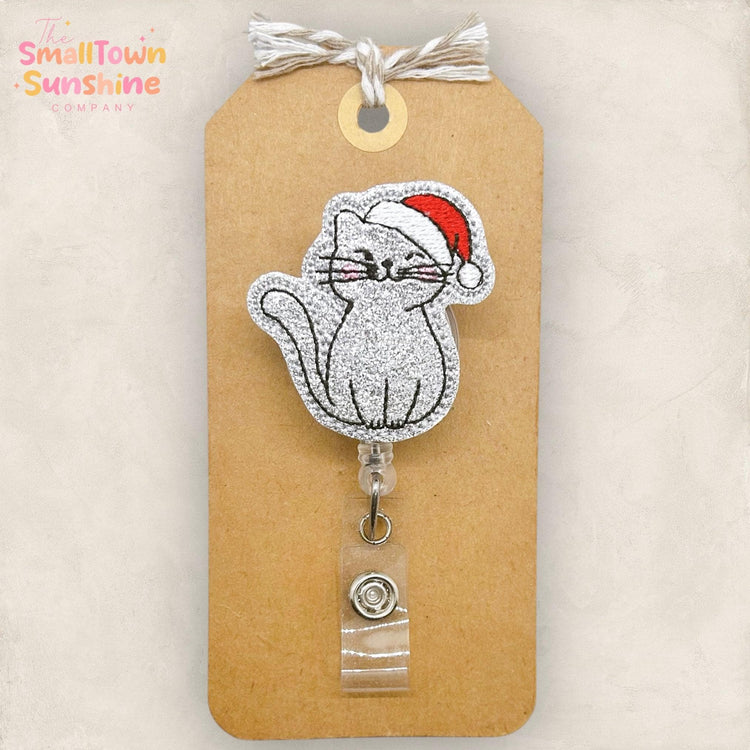 Santa Cat Badge Reel, Christmas Badge Reel, Nurse Badge Clip, Teacher Lanyard, Coworker Gift, Badge Topper, Retractable ID Holder | GLITTER