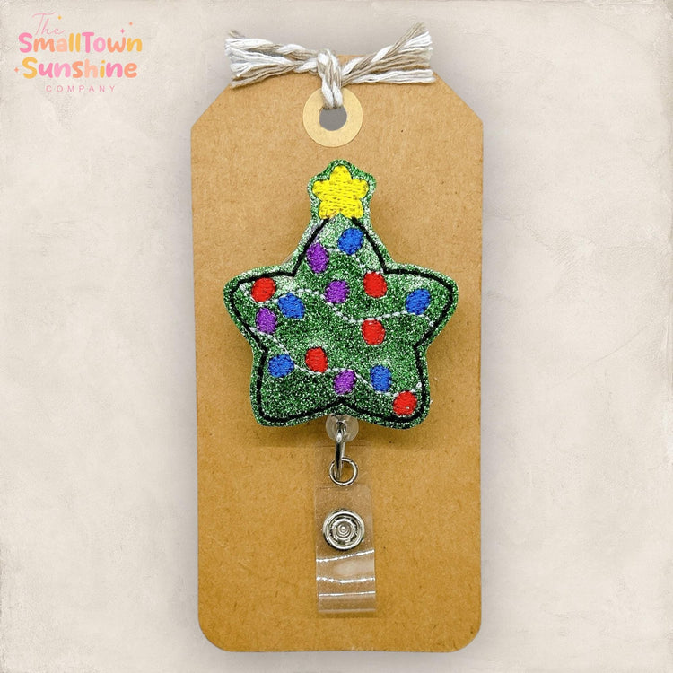 Christmas Tree Star Badge Reel, Festive Name Tag, Nurse Badge Clip, Teacher Lanyard, Coworker Gift, Topper, Retractable ID Holder | GLITTER