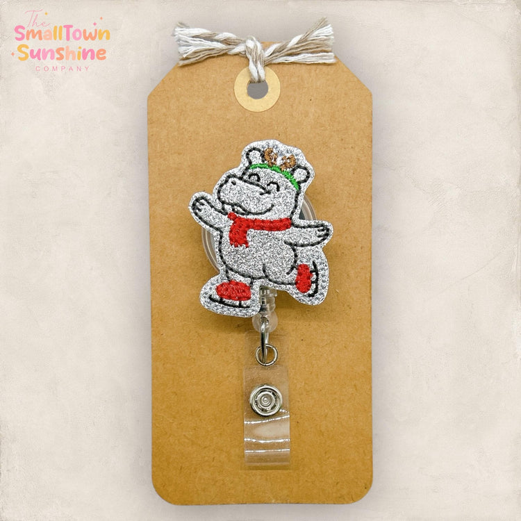 Skating Hippo Badge Reel, Winter Badge Reel, Nurse Badge Clip, Teacher Lanyard, Coworker Gift, Name Tag, Retractable ID Holder | GLITTER
