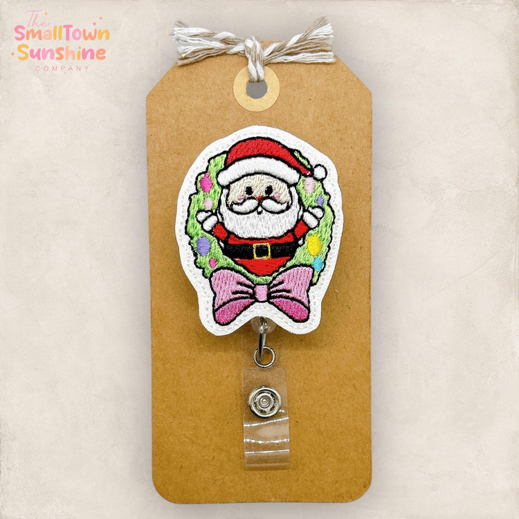 Santa Wreath Badge Reel, Christmas Badge Reel, Nurse Badge Clip, Teacher Lanyard, Coworker Gift, Topper, Retractable ID Holder | GLITTER