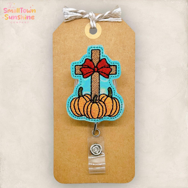 Fall Cross with Pumpkins Badge Reel, Christian Name Tag, Nurse Badge Clip, Teacher Lanyard, Coworker Gift, Topper, Retractable ID Holder