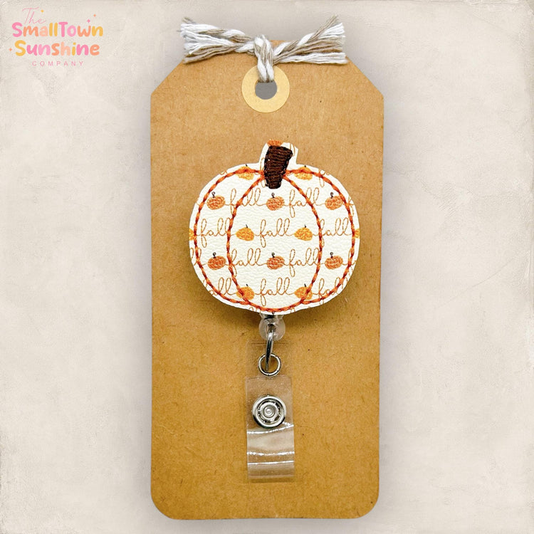 Fall Script Pumpkin Badge Reel, Autumn Badge Reel, Nurse Badge Clip, Teacher Lanyard, Coworker Gift, Badge Topper, Retractable ID Holder