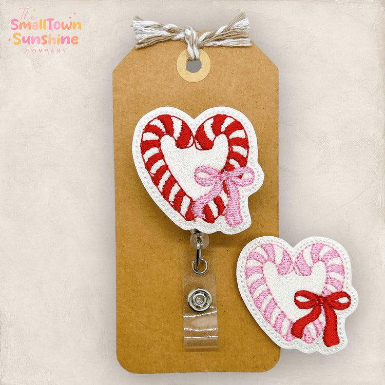 Candy Cane Heart Badge Reel, Christmas Bow Name Tag, Nurse Badge Clip, Teacher Lanyard, Coworker Gift, Retractable ID Holder | GLITTER